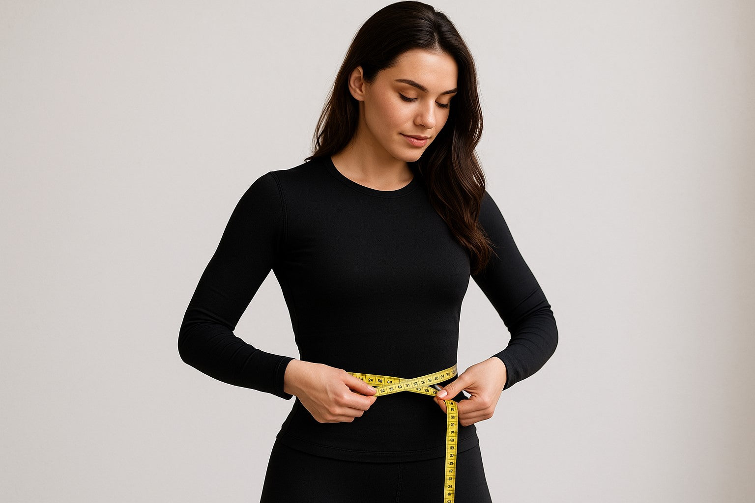 Woman in black base layer measuring her waist with a tape measure with a white background