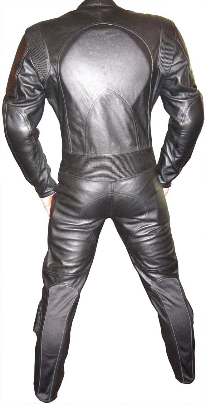 Snug black leather motorcycle suit on a white background - Back view
