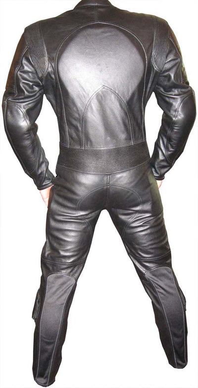 Snug black leather motorcycle suit on a white background - Back view