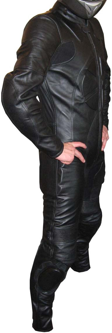 Snug black leather motorcycle suit with embossing detail on a white background - Side view