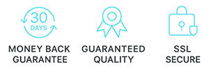 Three icons with text indicating money back guarantee, guaranteed quality, and SSL secure on a white background.