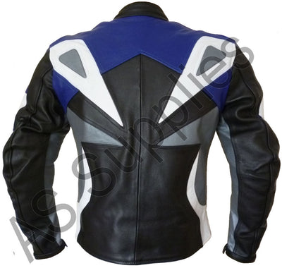 Blue, black, and white leather motorcycle jacket on a white background - Back view