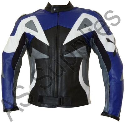 Blue, black, and white leather motorcycle jacket on a white background - Front view