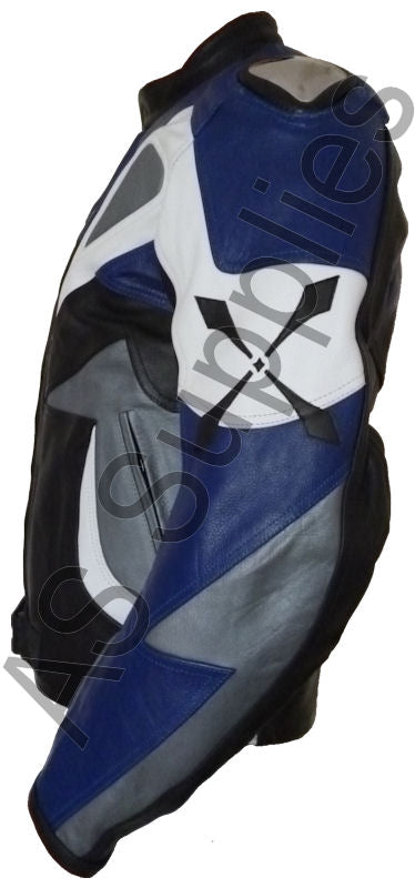 Blue, black, and white leather motorcycle jacket with an X logo on a white background - Side view