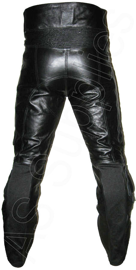 Snug black leather trousers with shapely posterior - back view