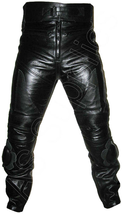 Snug black leather trousers with knee sliders - front view