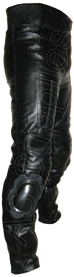 Snug black leather trousers with knee sliders - side view