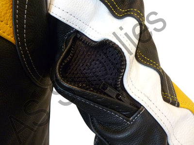 Close-up of a ventilation zip on a black and yellow leather jacket with white accents on a white background
