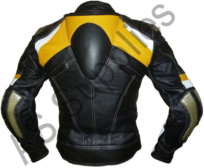 Black and yellow leather motorcycle jacket with kevlar inserts on a white background - Back view