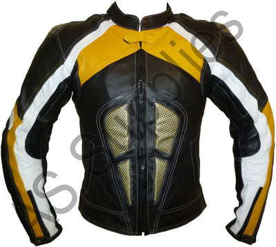 Black and yellow leather motorcycle jacket with kevlar inserts on a white background - Front view