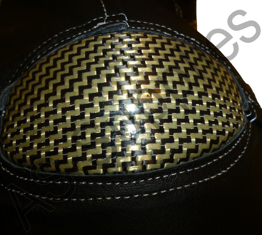 Close-up of the kevlar inserts in the shoulders of a leather motorcycle jacket