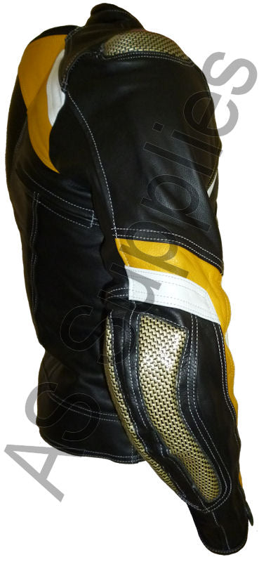 Black and yellow leather motorcycle jacket with kevlar inserts on a white background - Side view