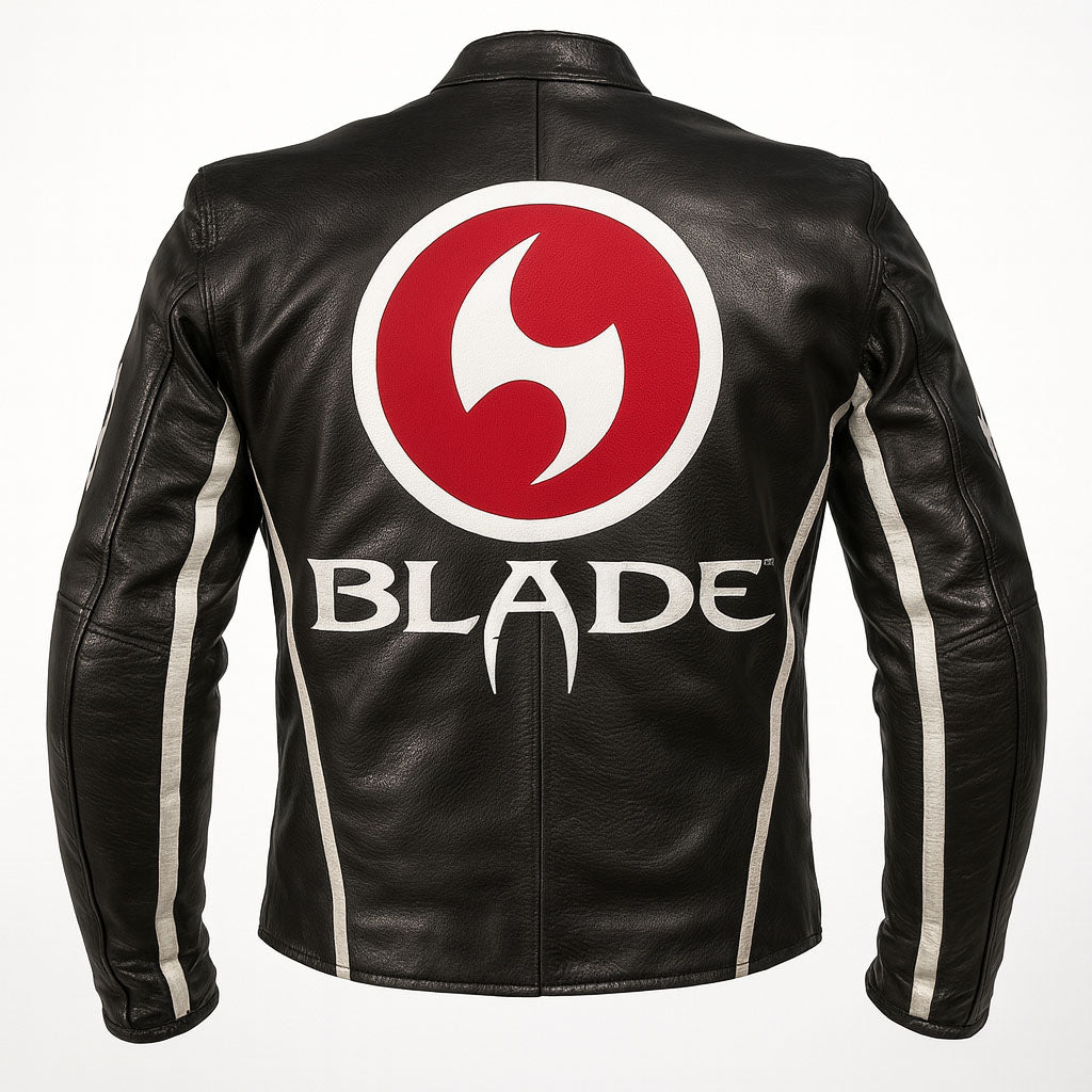 Black leather motorcycle jacket with 'Blade' branding on a white background - Back view