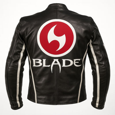 Black leather motorcycle jacket with 'Blade' branding on a white background - Back view
