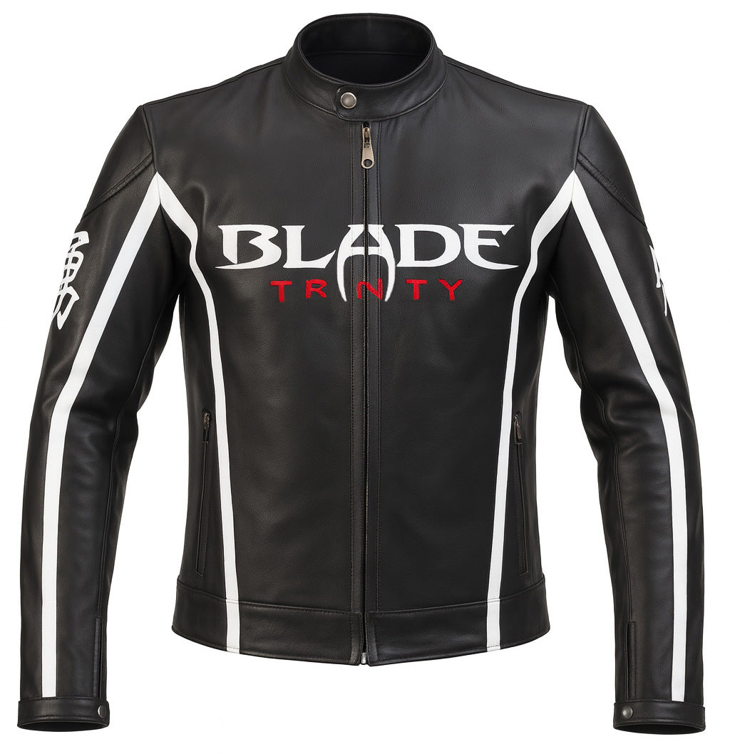 Black leather motorcycle jacket with 'Blade Trinity' branding on a white background - Front view
