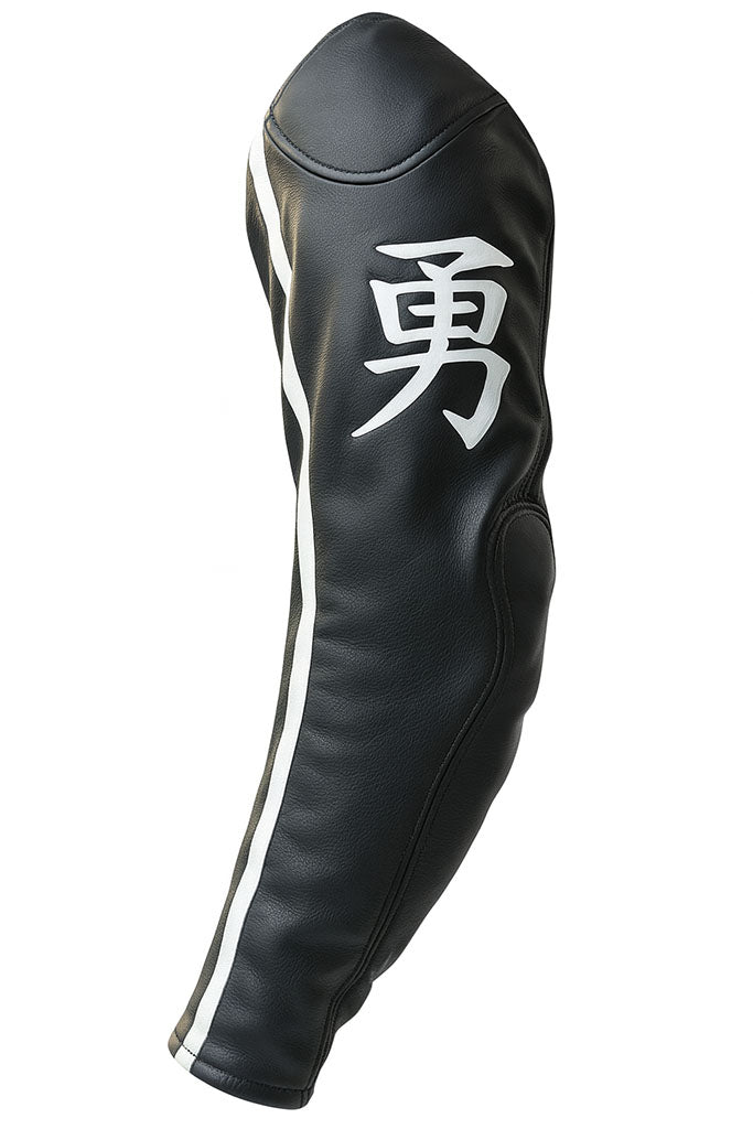 Black Blade Trinity leather motorcycle jacket with Asian logo on a white background - Side view