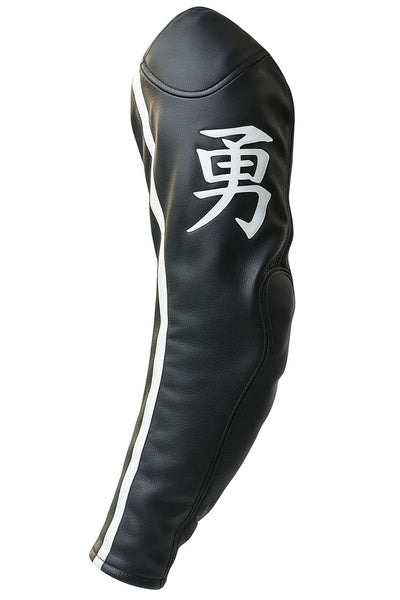 Black Blade Trinity leather motorcycle jacket with Asian logo on a white background - Side view