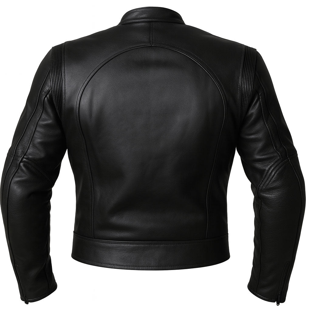 Black leather biker jacket on a white background - Back view