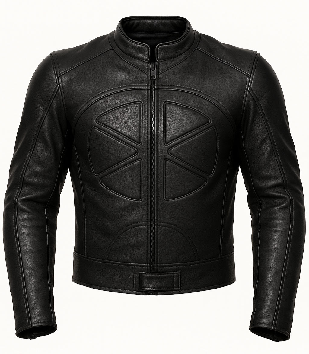 Black leather biker jacket with geometric designs on a white background - Front view