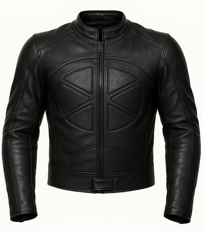 Black leather biker jacket with geometric designs on a white background - Front view