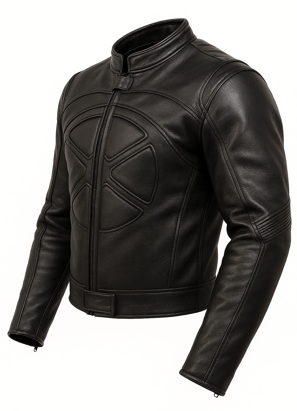 Black leather biker jacket with geometric designs on a white background - Side view