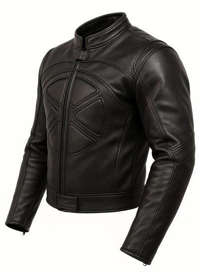Black leather biker jacket with geometric designs on a white background - Side view