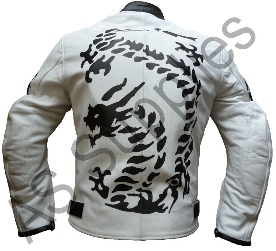 White leather motorcycle jacket with black dragon design on a white background - Back view