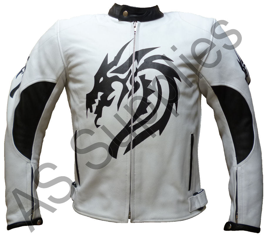 White leather motorcycle jacket with black dragon design on a white background - Front view