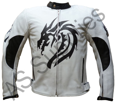 White leather motorcycle jacket with black dragon design on a white background - Front view