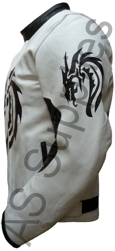 White leather motorcycle jacket with black dragon design on a white background - Side view