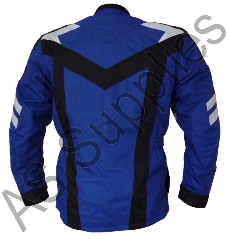 Blue, white, and black neXus Cordura motorcycle jacket on a white background - Back view