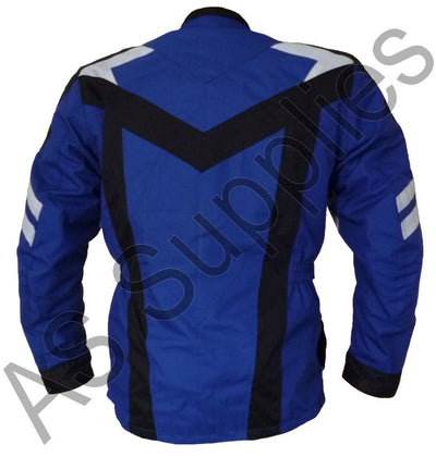 Blue, white, and black neXus Cordura motorcycle jacket on a white background - Back view
