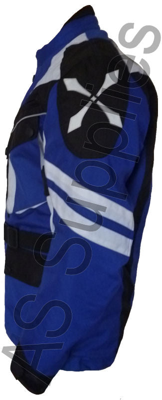 Blue, white, and black neXus Cordura motorcycle jacket with assorted pockets on a white background - Side view