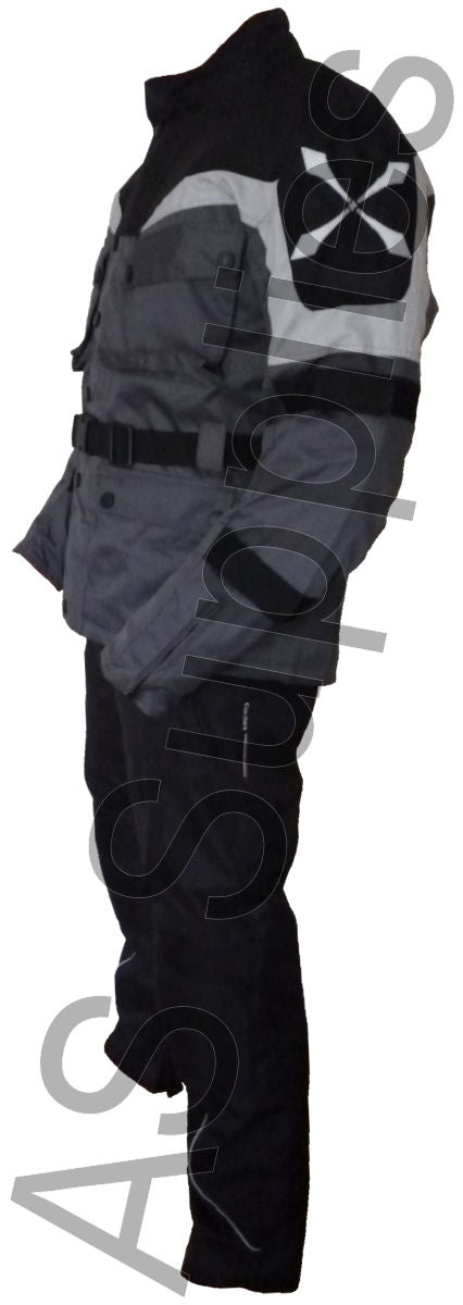 Motorcycle suit with black and gray color scheme on a white background, side view