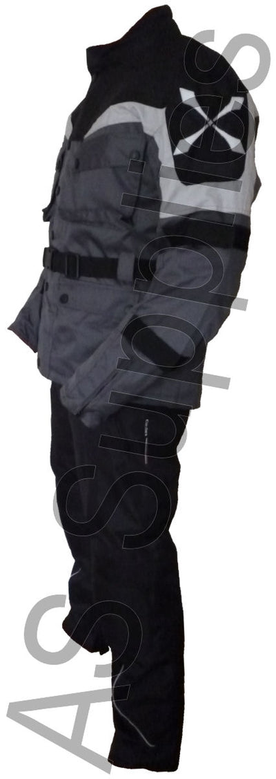 Motorcycle suit with black and gray color scheme on a white background, side view
