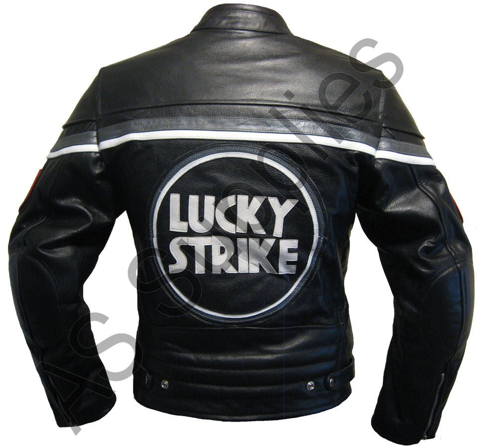 Black and grey leather motorcycle jacket with Lucky Strike logo on a white background, back view