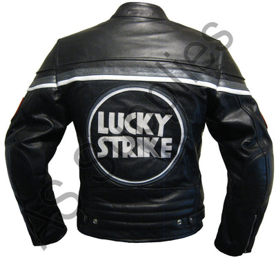 Black and grey leather motorcycle jacket with Lucky Strike logo on a white background, back view