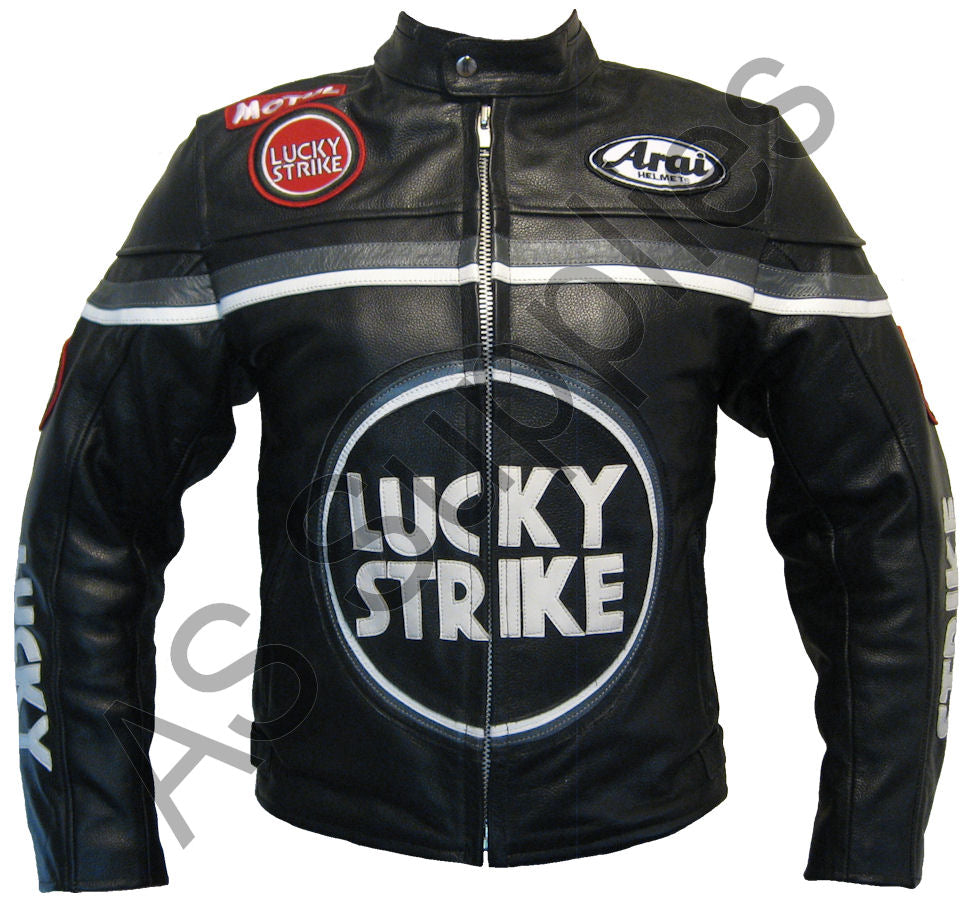 Black and grey leather motorcycle jacket with Lucky Strike and Arai logos on a white background, front view