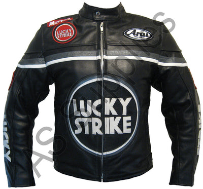Black and grey leather motorcycle jacket with Lucky Strike and Arai logos on a white background, front view