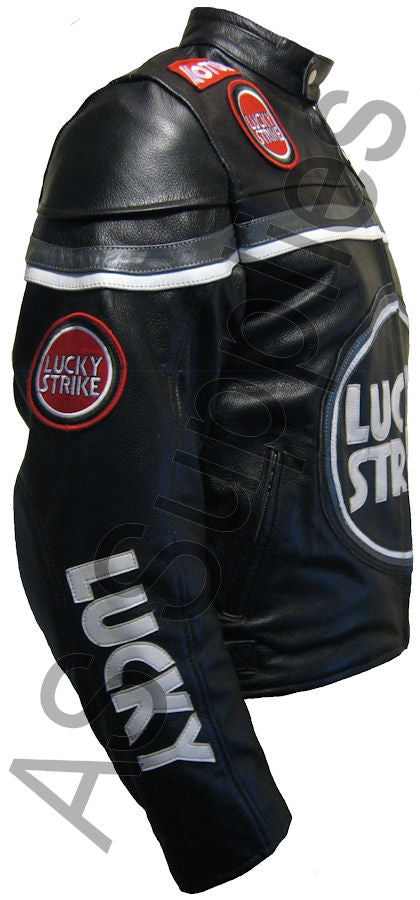Black and grey leather motorcycle jacket with Lucky Strike logo on a white background, side view