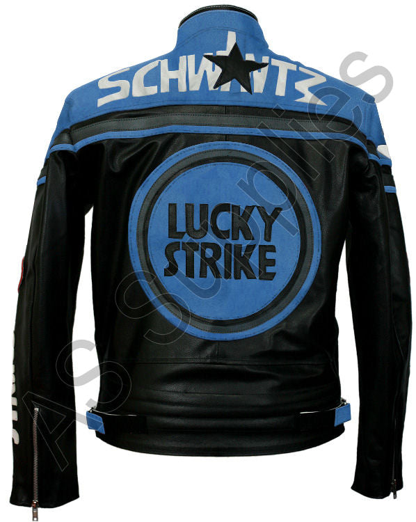 Black and blue leather motorcycle jacket with Lucky Strike logo and Schwantz text on a white background, back view