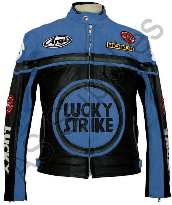 Black and blue leather motorcycle jacket with Lucky Strike logo on a white background, front view