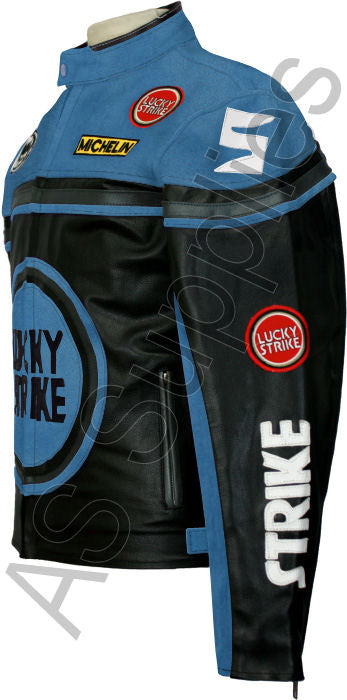 Black and blue leather motorcycle jacket with Lucky Strike logo on a white background, side view