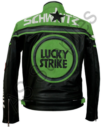Black and green leather motorcycle jacket with Lucky Strike logo and Schwantz text on a white background, back view