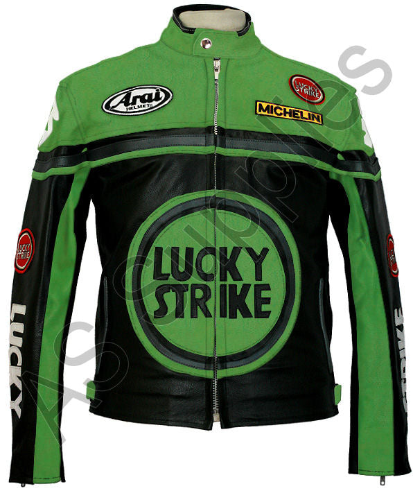 Black and green leather motorcycle jacket with Lucky Strike logo on a white background, front view