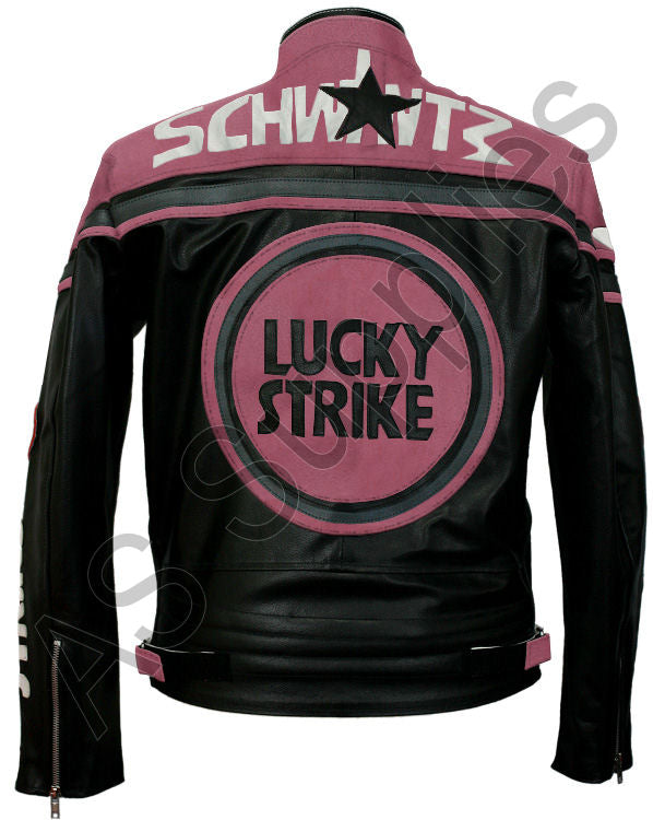 Black and pink leather motorcycle jacket with Lucky Strike logo and Schwantz text on a white background, back view