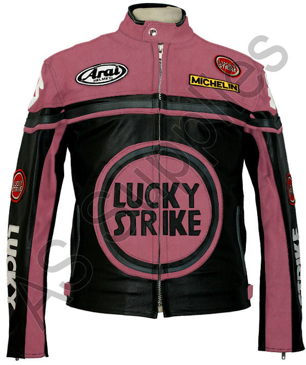 Black and pink leather motorcycle jacket with Lucky Strike logo on a white background, front view
