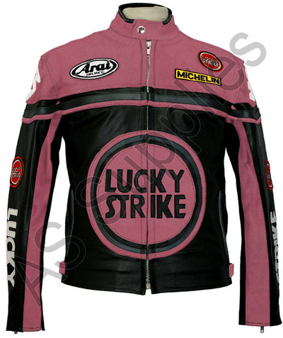 Black and pink leather motorcycle jacket with Lucky Strike logo on a white background, front view