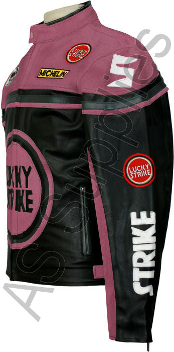 Black and pink leather motorcycle jacket with Lucky Strike logo on a white background, side view