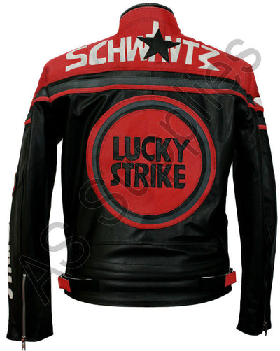 Black and red leather motorcycle jacket with Lucky Strike logo and Schwantz text on a white background, back view